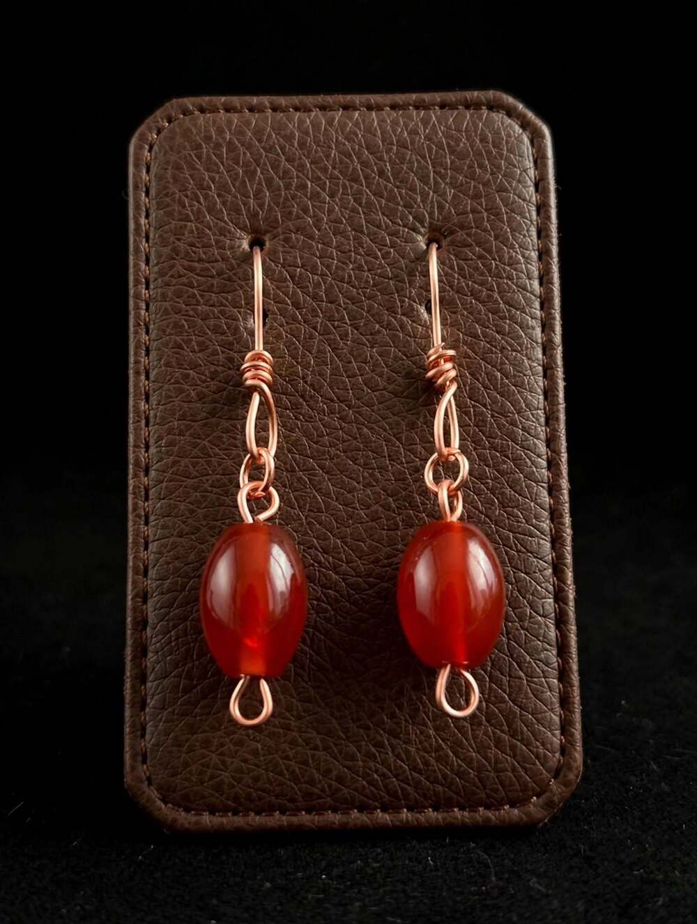 Copper Wire Wrapped Oval Carnelian Dangle Earrings